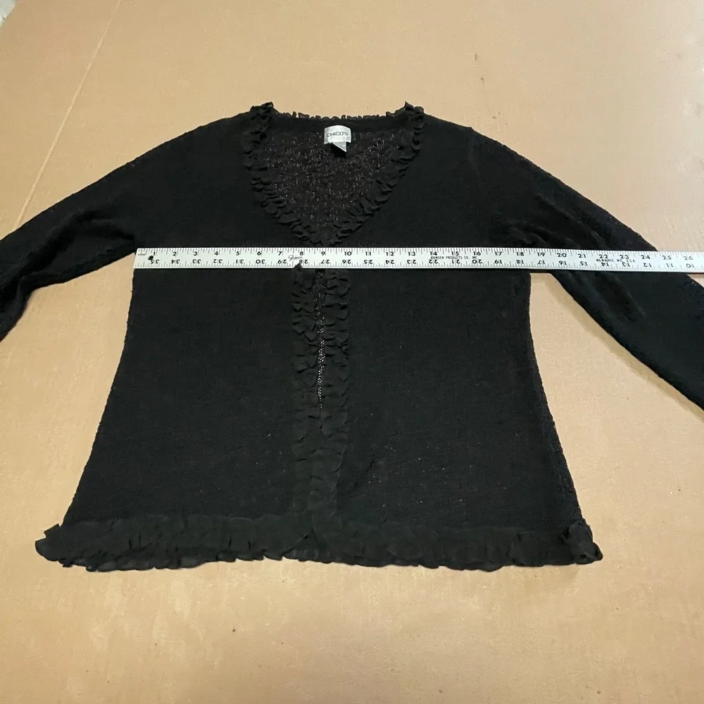 VTG Chico's Black Ruffle Trim Open Cardigan Sz‎ 1 Medium  Textured Knit Sweater